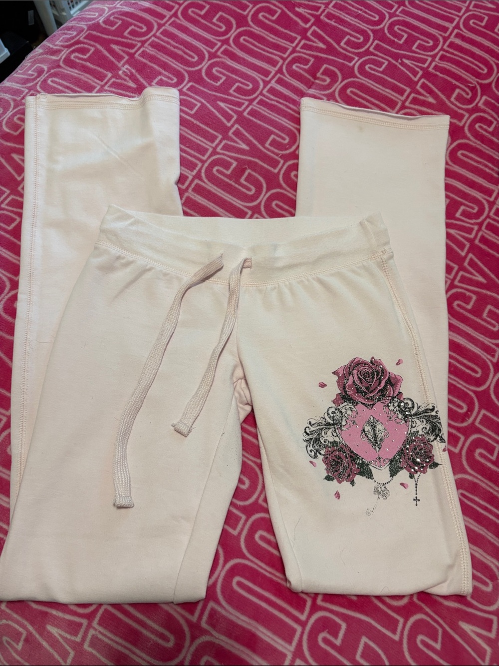 Aeropostale Pale Pink Flare Sweatpants with Rose Heart Graphic